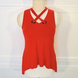 Cable & Gauge Women's Sleeveless Tunic Top XL Red Laced Grommet V-neck